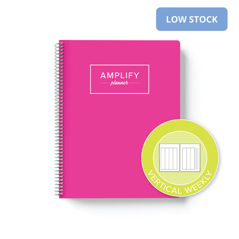 enchanted pink Amplify Planner on white background with graphic showing vertical weekly layout option