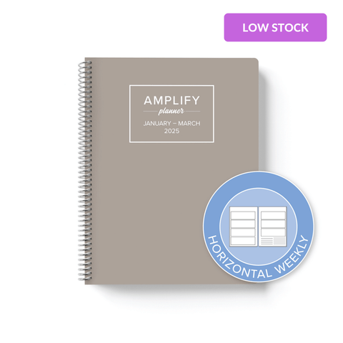 adaptable grey cover with graphic indicating horizontal weekly layout option in Q1 2025 Amplify Planner