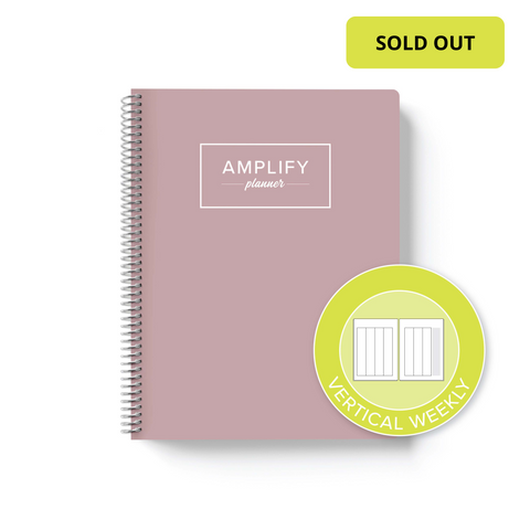 peaceful mauve cover with graphic indicating vertical weekly layout option in daily undated Amplify Planner