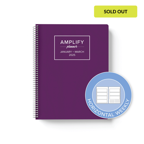 Ponder Purple cover with graphic indicating horizontal weekly layout option in Q1 2025 Amplify Planner.