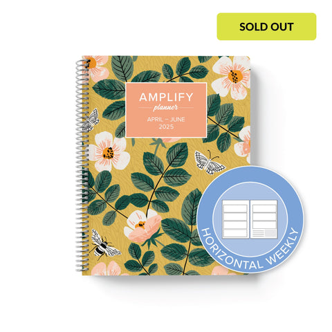 garden whimsy cover with graphic indicating horizontal weekly layout option in Q2 2025 daily Amplify Planner