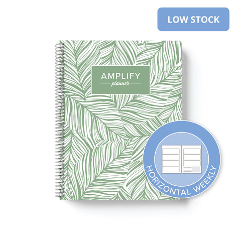 Growing Green weekly Amplify Planner on white background with graphic showing horizontal weekly layout option