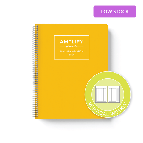 spontaneous yellow cover with graphic indicating vertical weekly layout option in Q1 2025 Amplify Planner