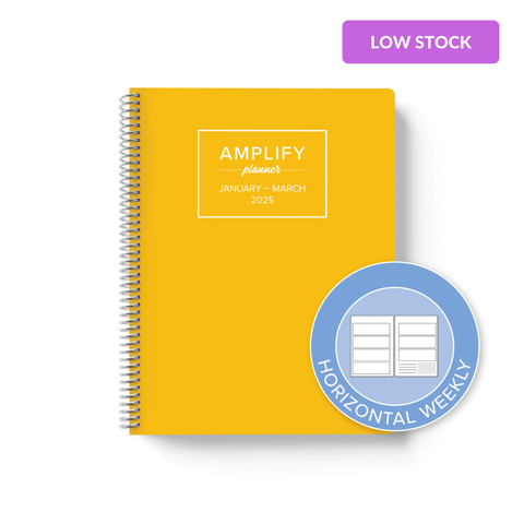 spontaneous yellow cover with graphic indicating horizontal weekly layout option in Q1 2025 Amplify Planner