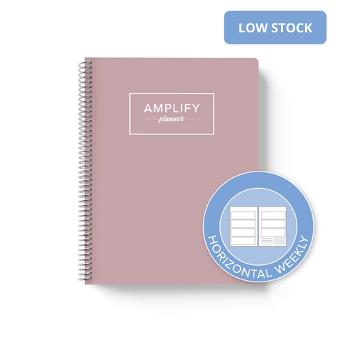 peaceful mauve cover with graphic indicating horizontal weekly layout option in daily undated Amplify Planner