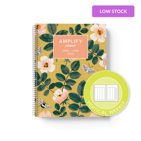 garden whimsy cover with graphic indicating vertical weekly layout option in Q2 2025 daily Amplify Planner