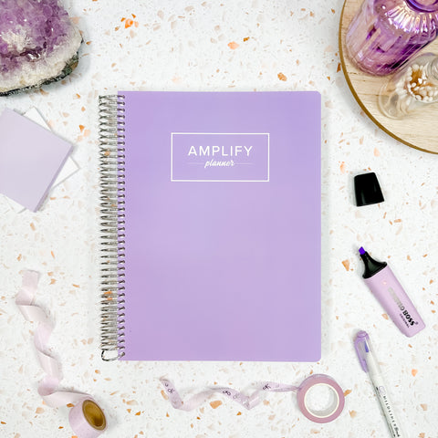 lavender dream weekly Amplify Planner 2025 Weekly Planner styled with accessories and decor.