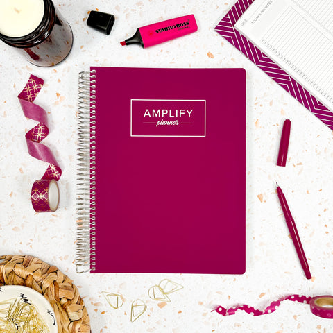 radiant berry weekly Amplify Planner 2025 Weekly Planner styled with accessories and decor