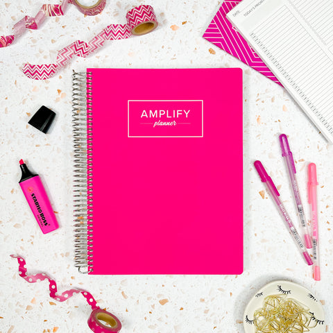 enchanted pink weekly Amplify Planner 2025 Weekly Planner styled with accessories and decor