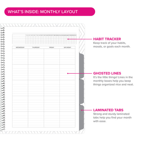 Right side of monthly layout with text callouts in undated dail Amplify Planner