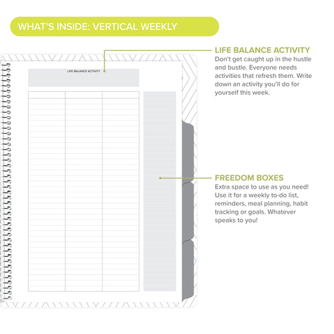 Right side of vertical weekly layout with text callouts in undated daily Amplify Planner 