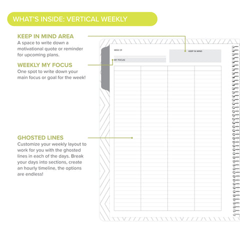 Left side of vertical weekly layout with text callouts in undated daily Amplify Planner for detailed planning