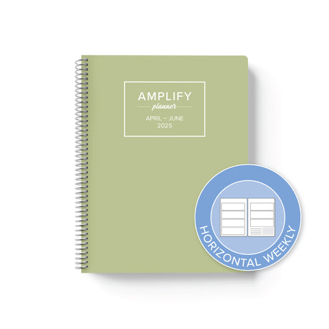 dewdrop green cover with graphic indicating horizontal weekly layout option in Q2 2025 daily Amplify Planner