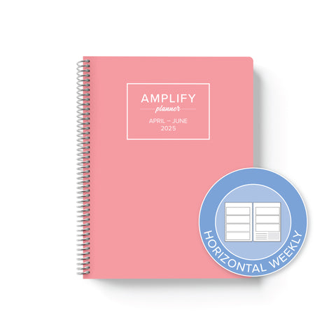 petal pink cover with graphic indicating horizontal weekly layout option in Q2 2025 daily Amplify Planner