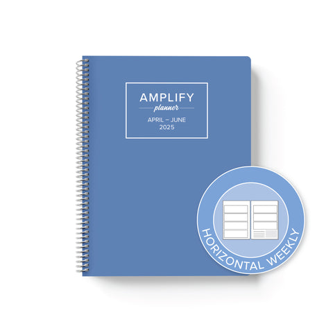 stormy blue cover with graphic indicating horizontal weekly layout option in Q2 2025 daily Amplify Planner