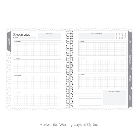 Horizontal weekly layout in weekly Amplify Planner, January-December 2025