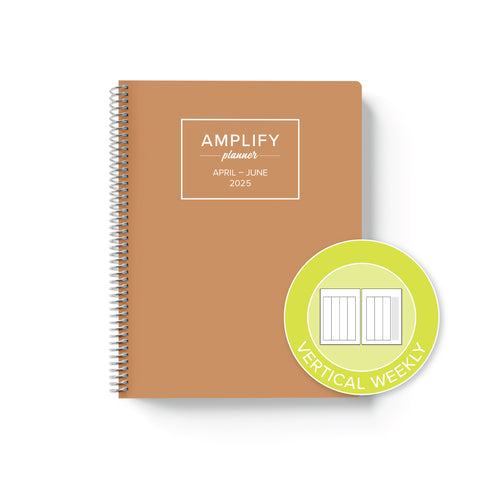 honeycomb cover with graphic indicating vertical weekly layout option in Q2 2025 daily Amplify Planner